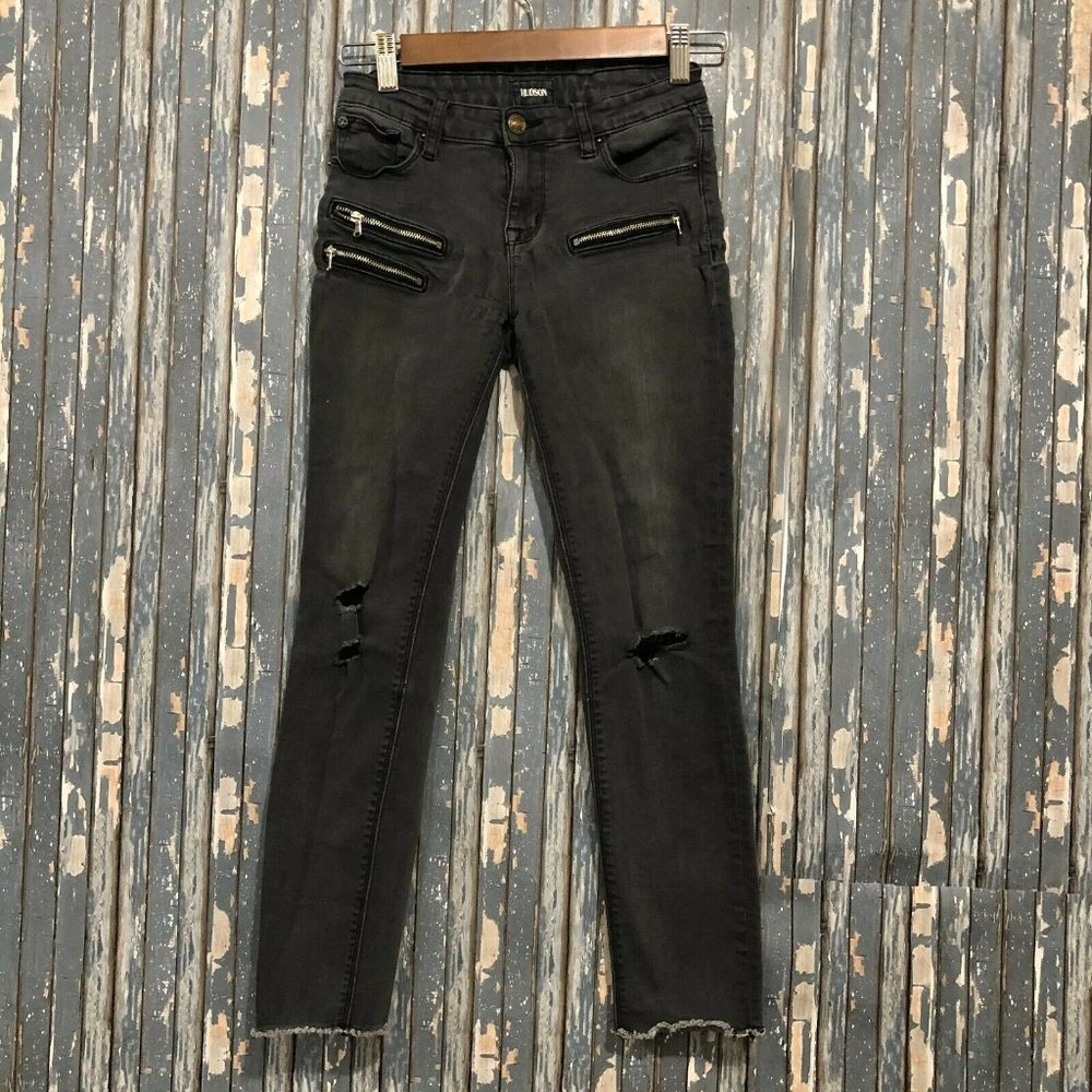 Hudson Skinny Stretch Denim Black Moto Distressed Raw Hem Jeans Size 14